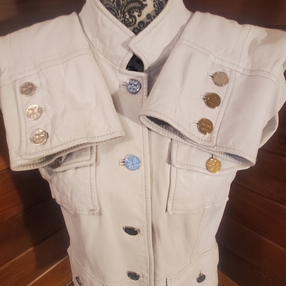 Tory Burch Leather Women's White Military Style Jacket Coat 14 Fits 10 12 - Picture 4 of 14